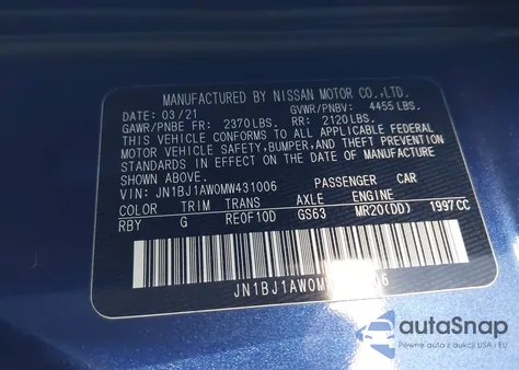 2021 Nissan Rogue Sport S Awd Xtronic Cvt z USA, uszkodzony, nr VIN JN1BJ1AW0MW431006